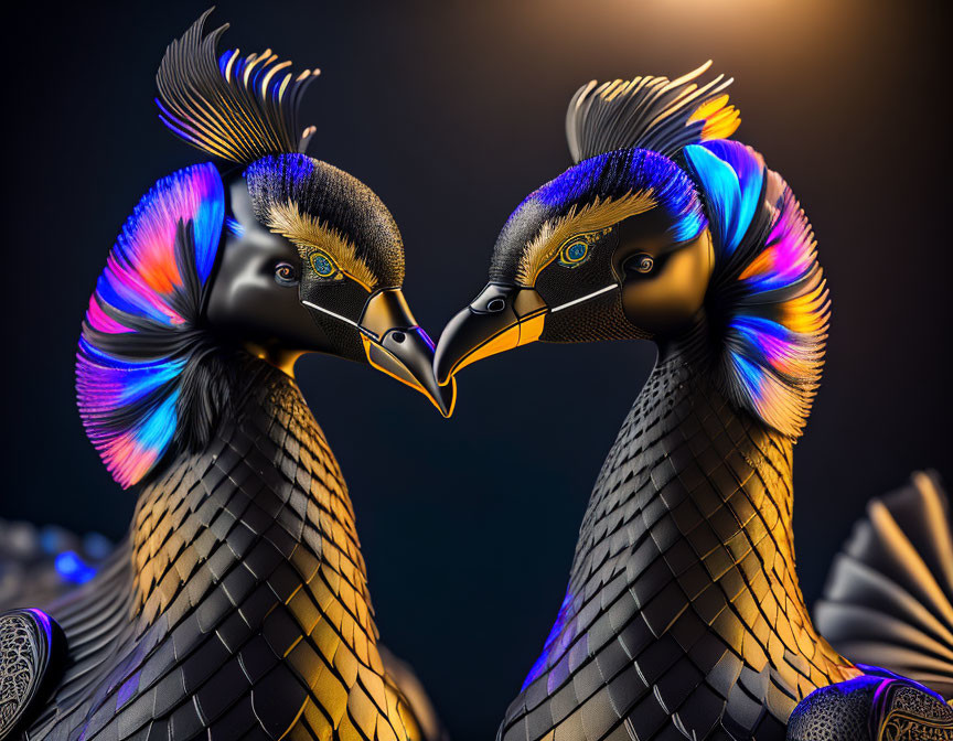 Stylized 3D birds with intricate feather details in blue, gold, and black on dark