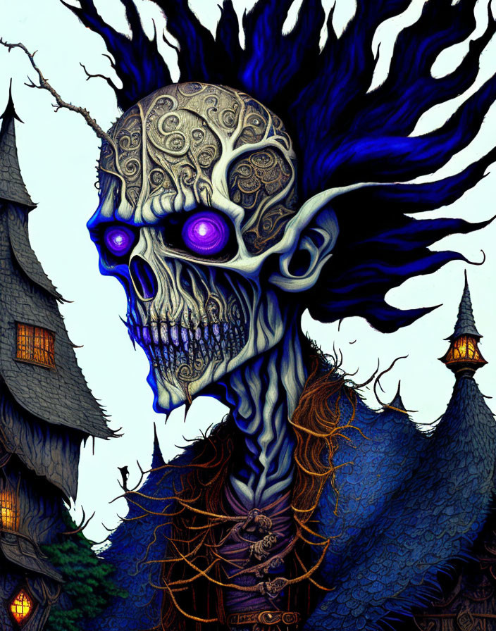 Detailed skull illustration with purple eyes and haunted house backdrop