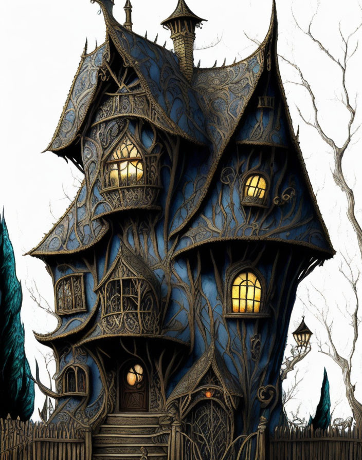 Intricately designed haunted house with glowing windows and eerie ambiance