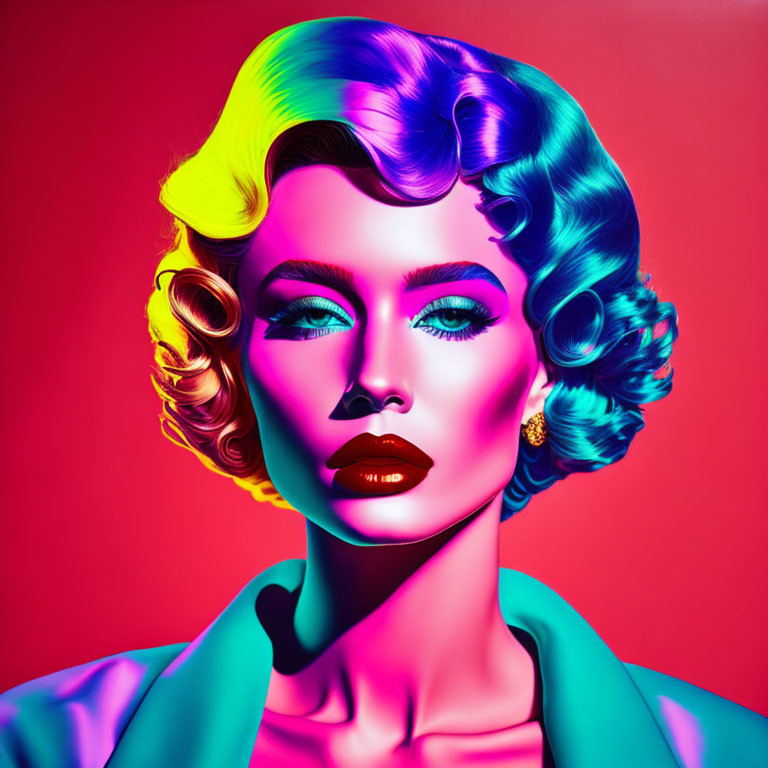 Colorful portrait of woman with rainbow hair and bold makeup on red background