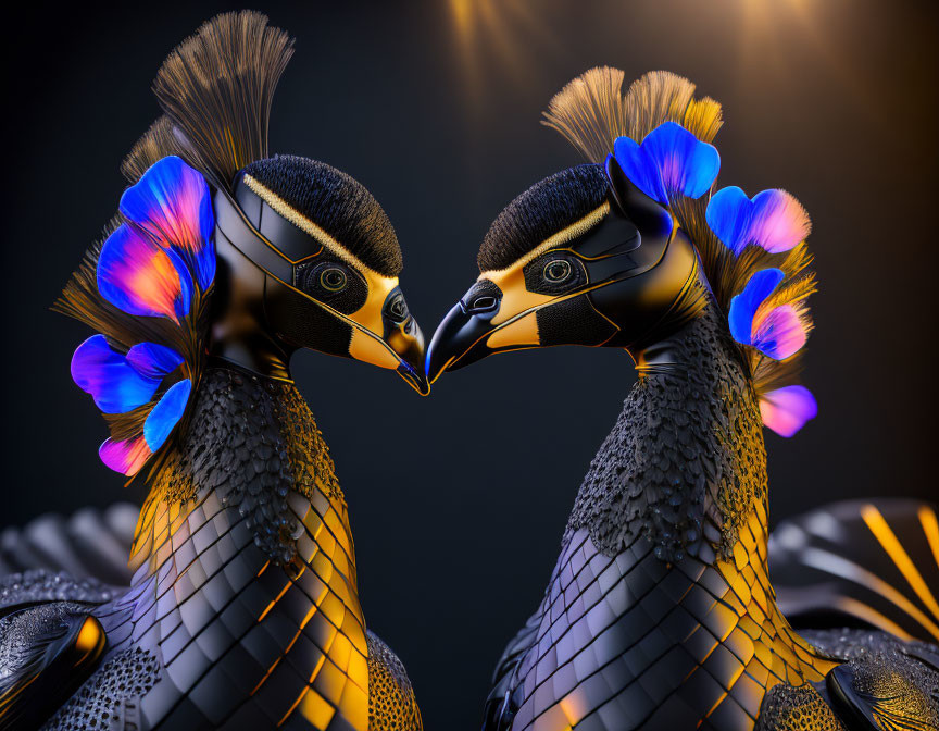 Vibrant blue and purple digital art birds in intricate design