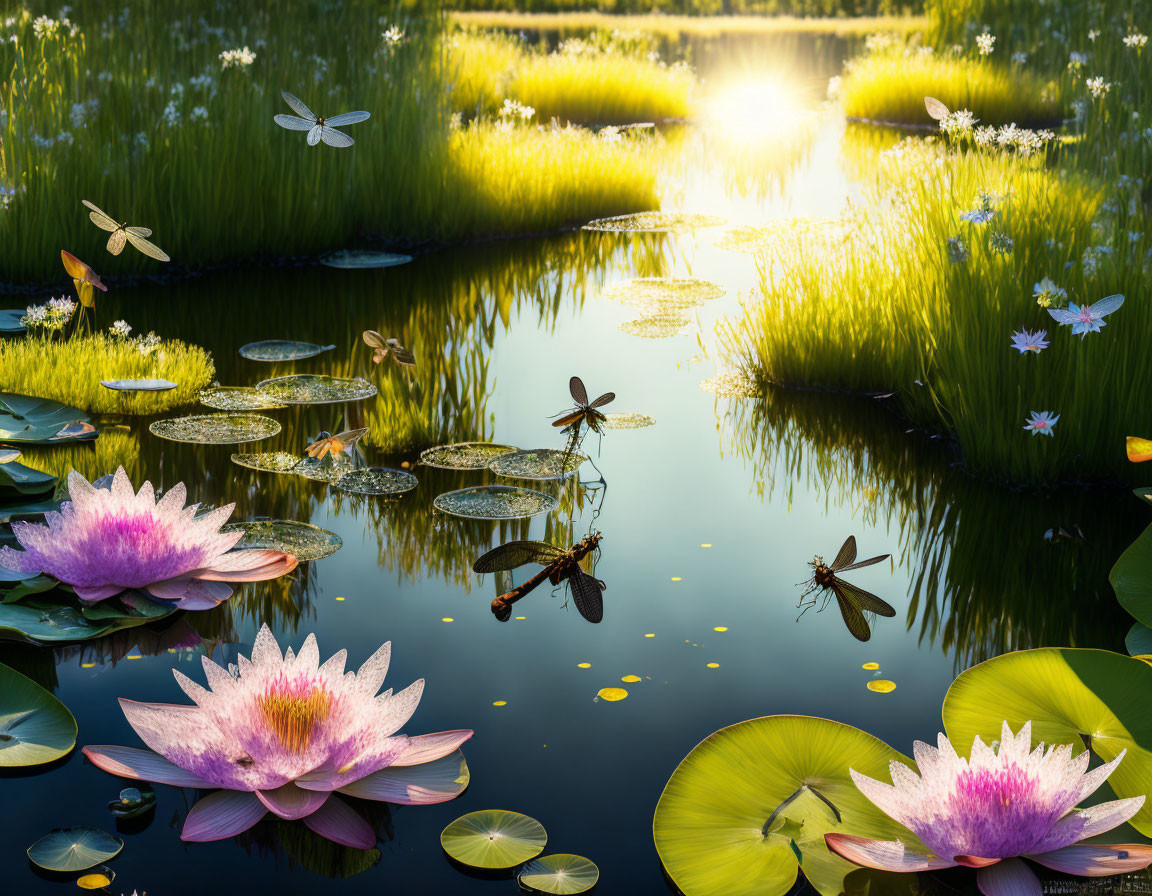Tranquil pond scene with water lilies and dragonflies
