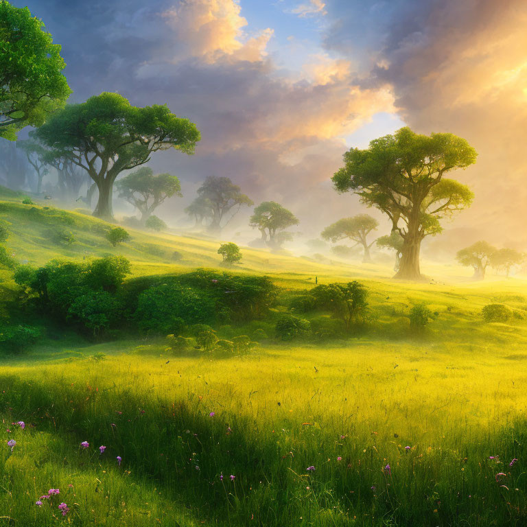 Tranquil green meadow with misty sunlight under cloudy sky