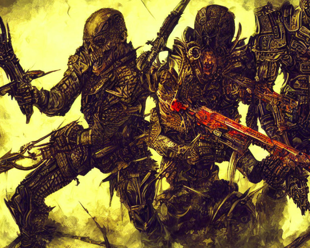 Menacing warriors in dark armor with weapons on battle-worn backdrop