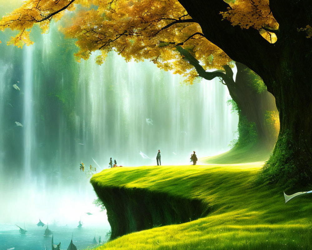 Sunlit glade with waterfalls and lush trees in serene fantasy landscape