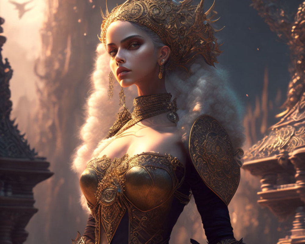 Regal woman in golden crown and armor against gothic backdrop
