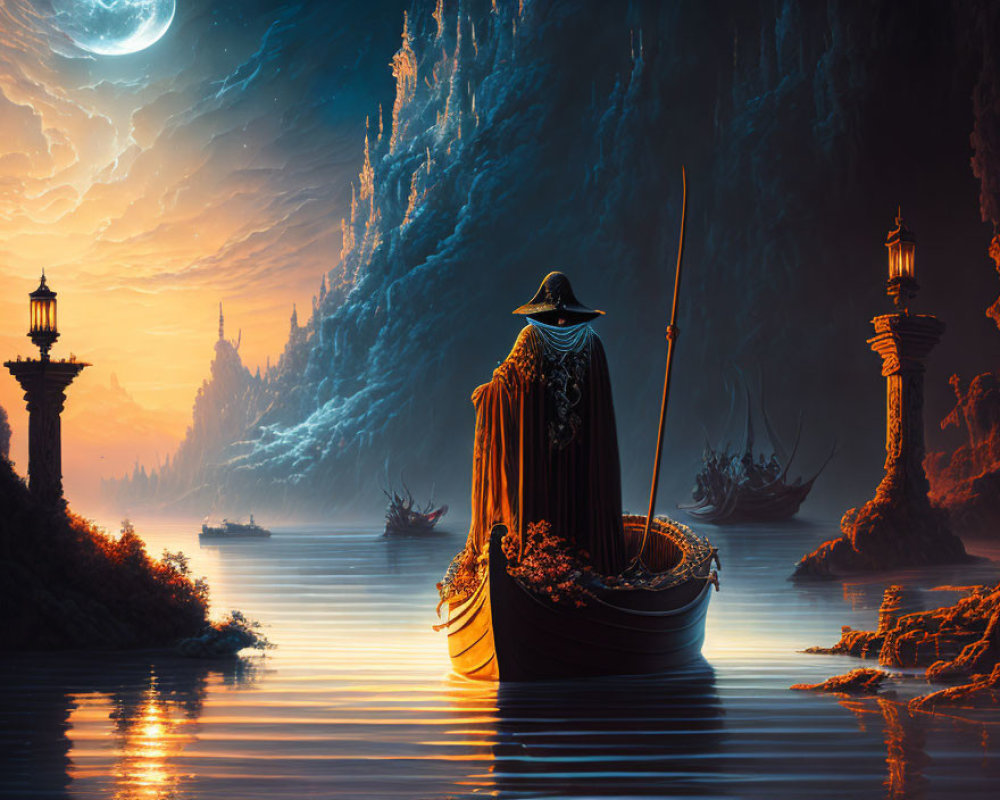 Mysterious figure on boat under moonlit sky in cavernous landscape