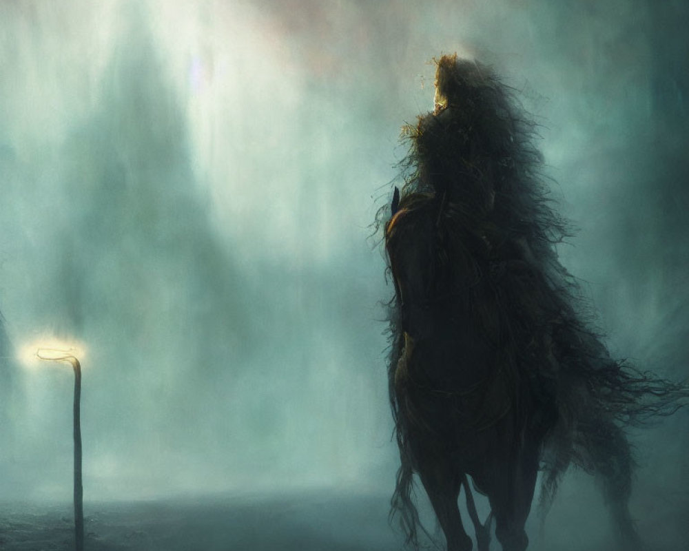 Misty landscape with shrouded figure on horse near streetlamp