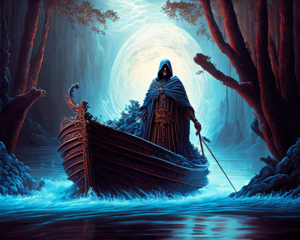 Cloaked figure in boat under full moon in mystical blue forest
