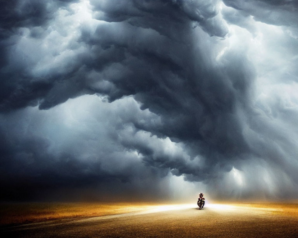 Motorcyclist riding on solitary road under stormy sky
