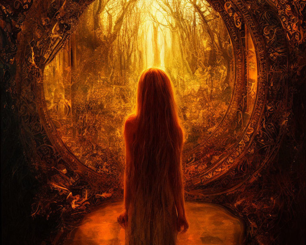 Long-haired woman at ornate circular gateway to mystical forest