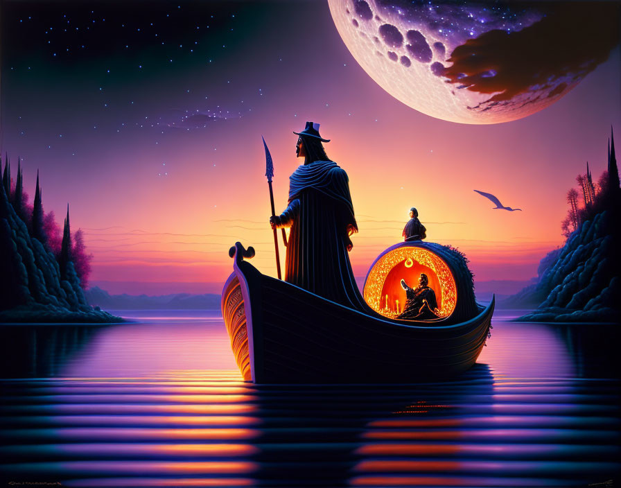 Robed Figure and Child in Boat under Large Moon