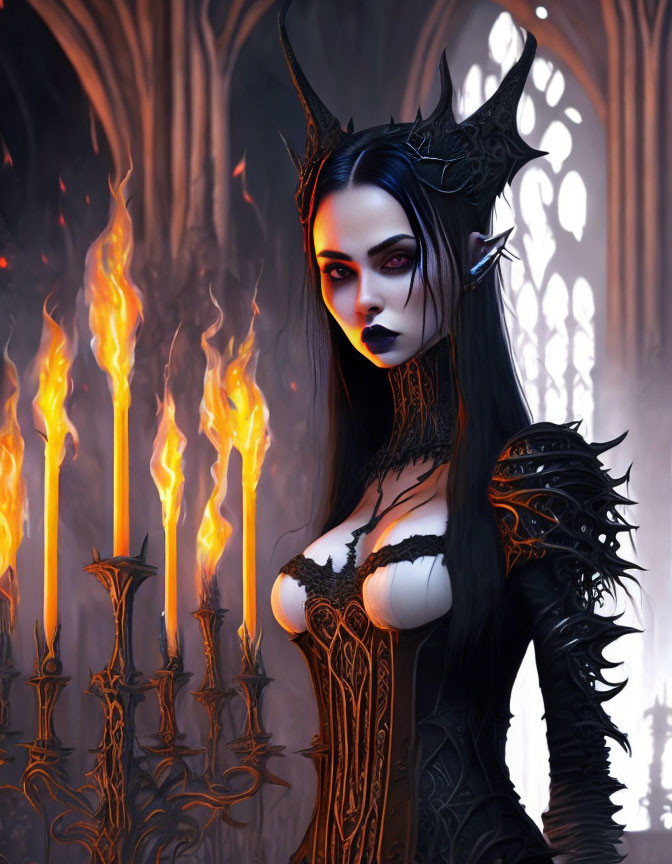 Illustrated gothic fantasy scene with female character in dark horns and corset, surrounded by torch-l