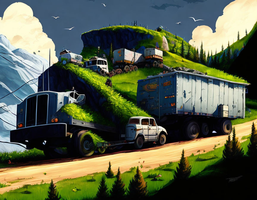 Semi-truck with trailer in scenic landscape with green hills and camping trailers