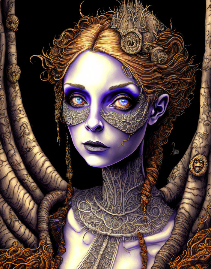 Digital artwork featuring woman in golden lace mask with ornate attire among dark, twisted branches on black background