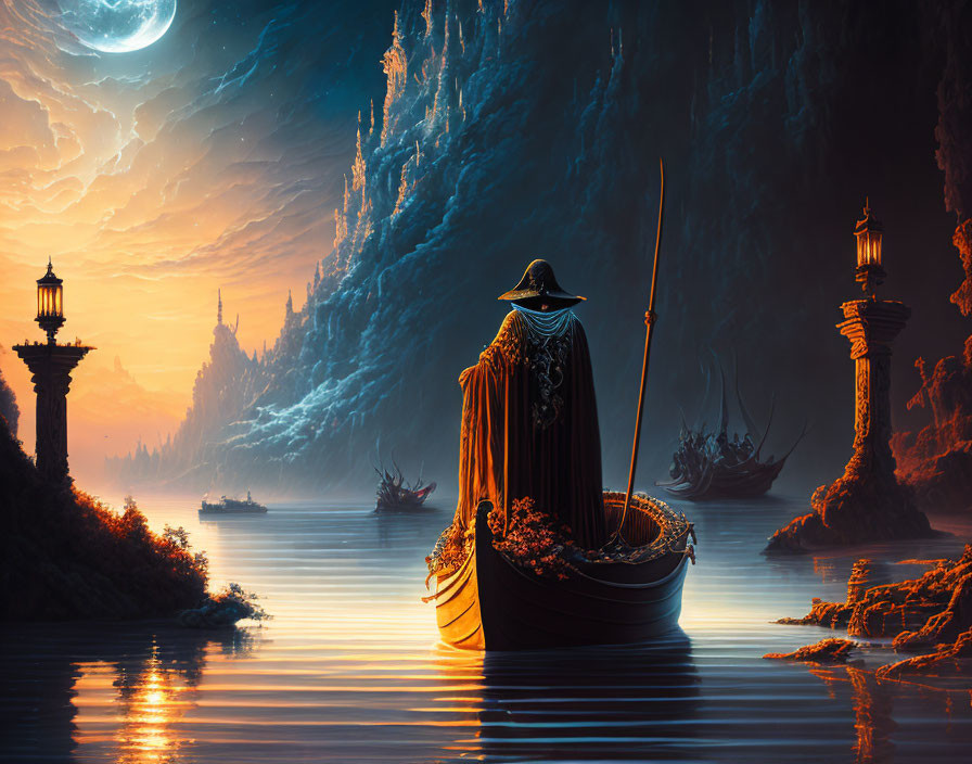 Mysterious figure on boat under moonlit sky in cavernous landscape