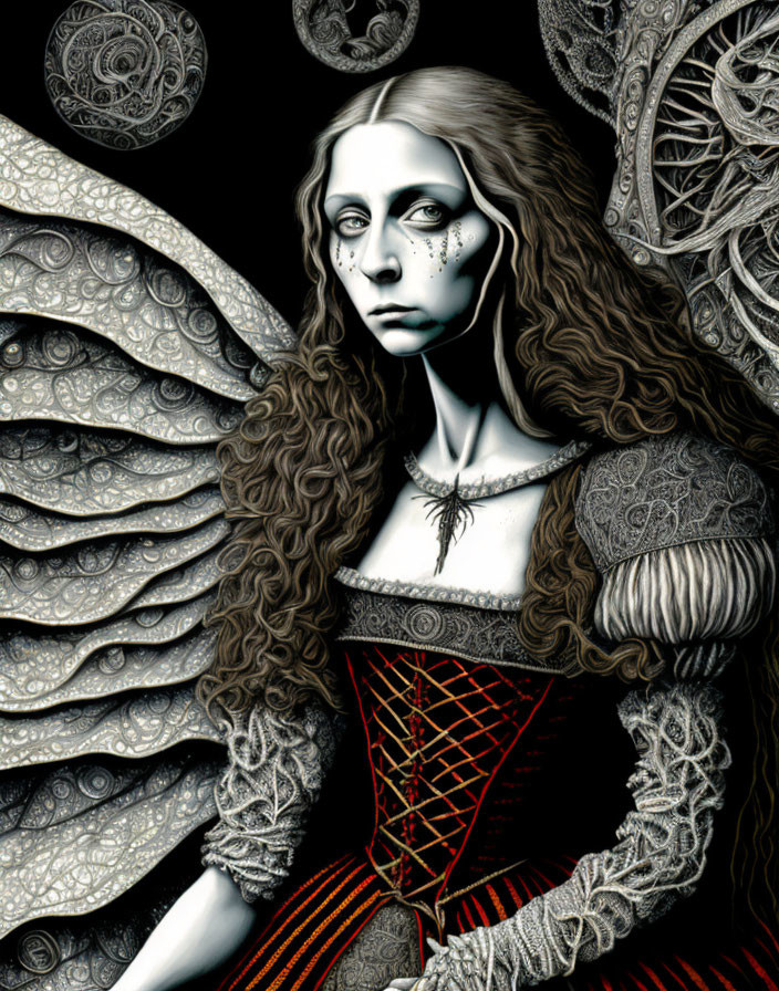 Detailed Gothic-Style Illustration of Pale Woman in Red and Black Dress