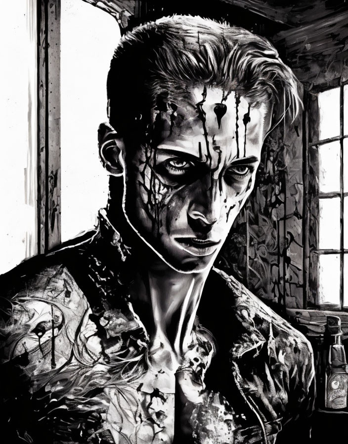 Monochrome artwork of man with cracked skin and intense gaze in dilapidated setting