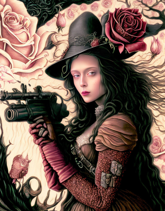 Victorian woman with steampunk gun, roses, piglet, surreal background