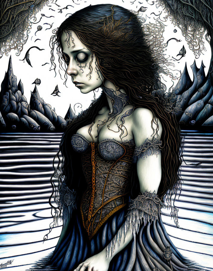 Illustration of solemn woman with dark hair and intricate dress in surreal setting