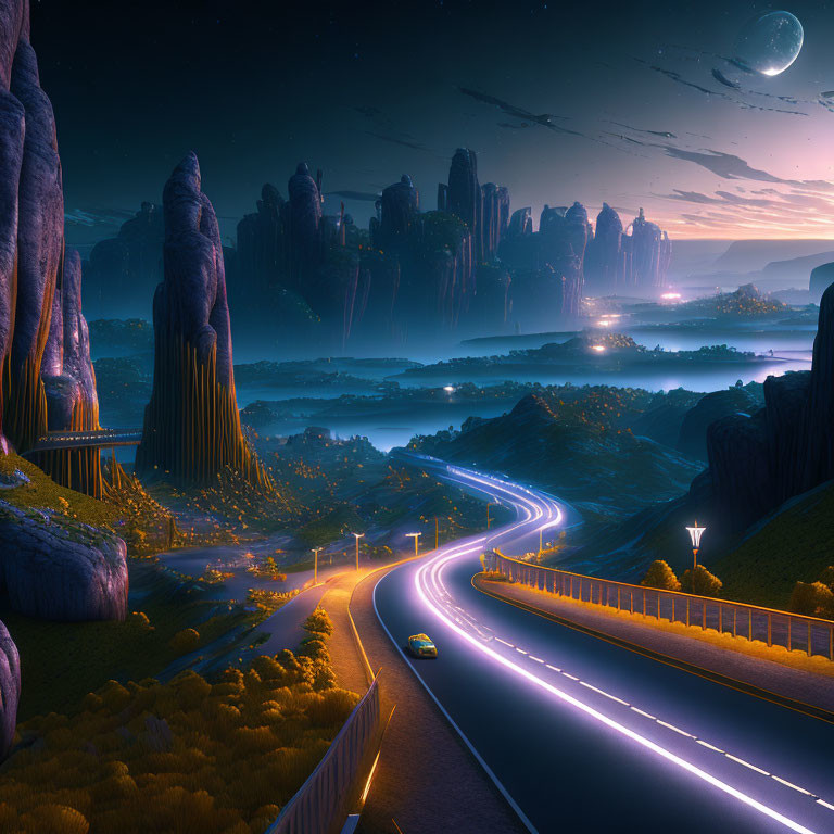 Futuristic night landscape with glowing road, car, towering rocks, city lights, starry sky