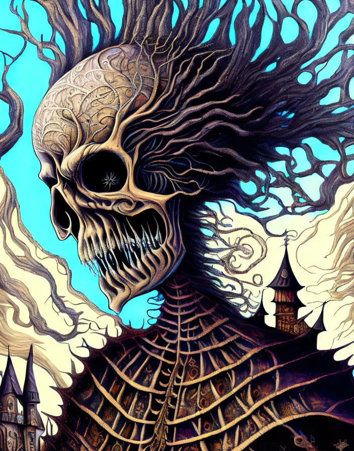 Surreal skull illustration with intricate patterns and clock tower on blue background