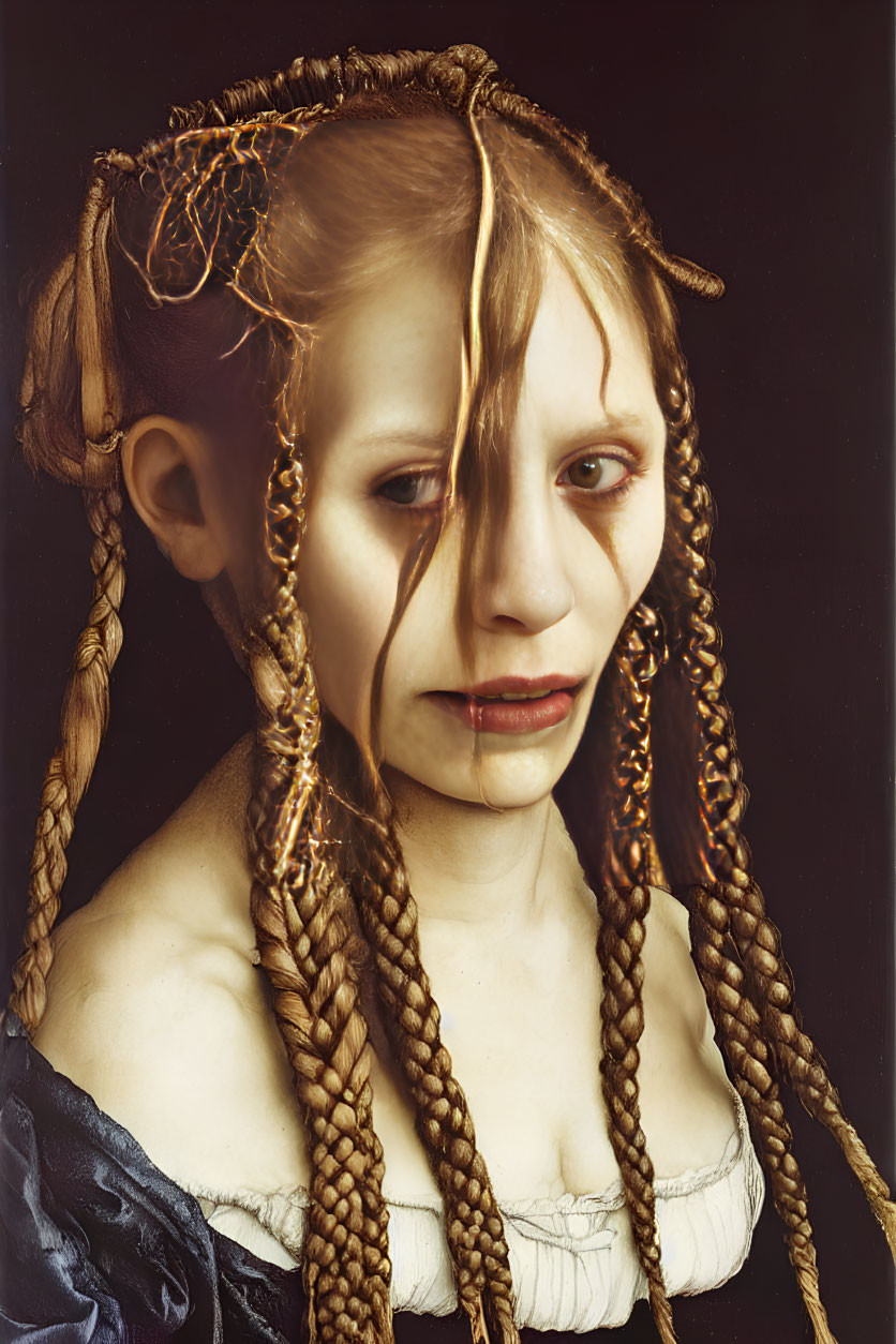 Portrait of woman with pale skin, thick braids, copper wire, white blouse, and dark jacket