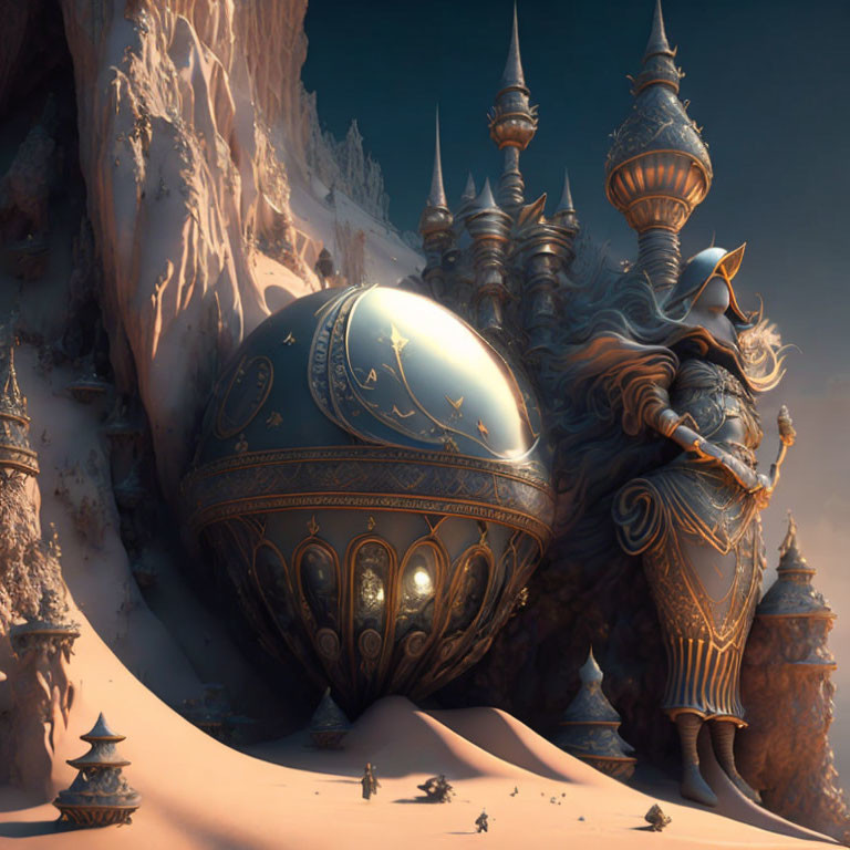 Ornate metallic egg structure in snowy landscape with spires and cliffs