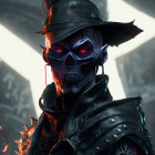 Menacing skull with red glowing eyes in spiked military helmet on dark background