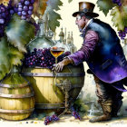 Victorian gentleman with top hat examining wine bottle in steampunk setting