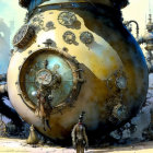 Steampunk desert scene with spherical structure and towering spires