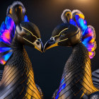 Vibrant blue and purple digital art birds in intricate design