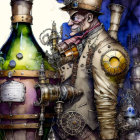 Whimsical steampunk character with brass goggles and gears beside a green flask.