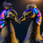Stylized metallic peacocks with vibrant blue and purple plumage on dark background