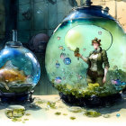 Man in vintage outfit under glass dome with steampunk machinery & bubbles