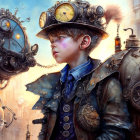 Steampunk-themed illustration featuring young woman in Victorian outfit with goggles and mechanical robots