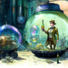 Man in top hat with wine bottle in green-tinted glass globe surrounded by mechanical elements
