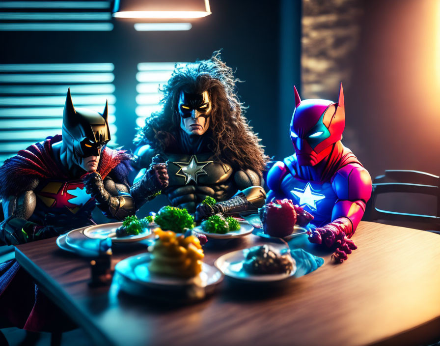 Three superheroes at dining table in dramatic lighting