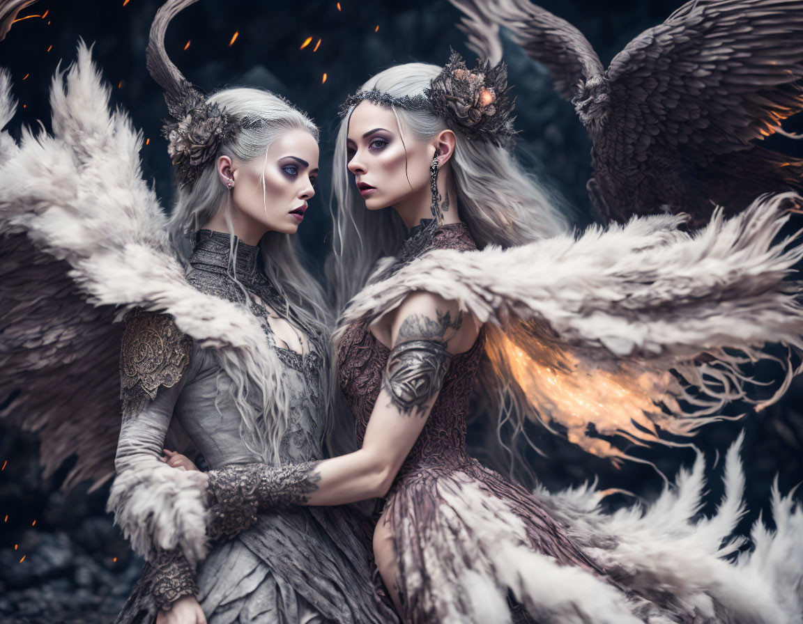 Elaborate fantasy costumes with feathered wings in mystical forest.