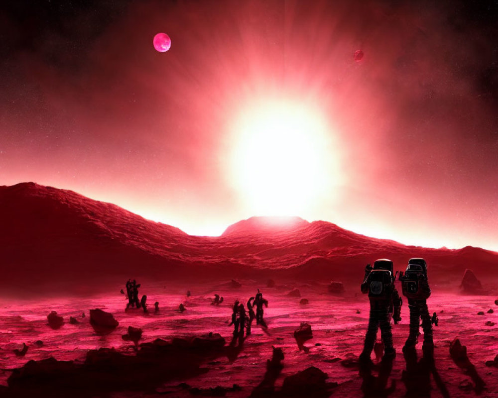 Astronauts on Red Alien Planet with Multiple Suns