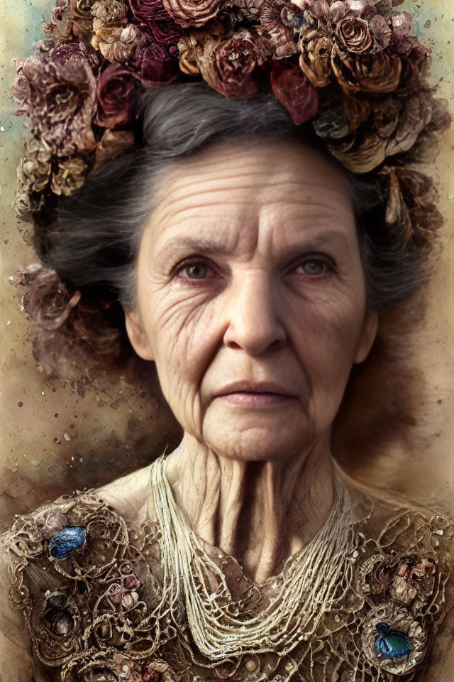 Elderly woman in floral crown and vintage dress gazes at camera on textured backdrop