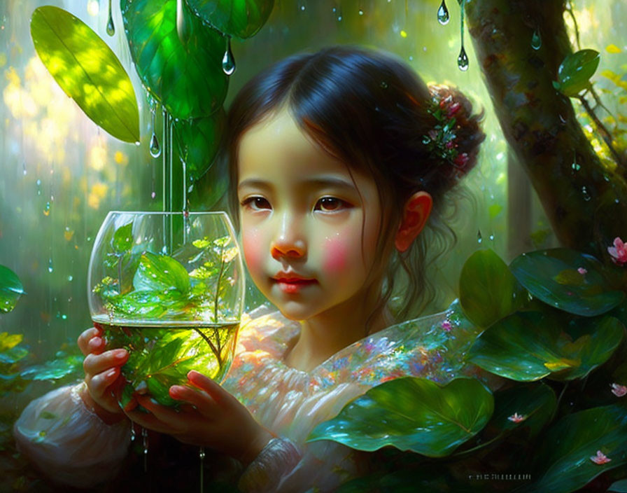 Young girl in mystical forest with glass of plants, light rays, and dew drops.