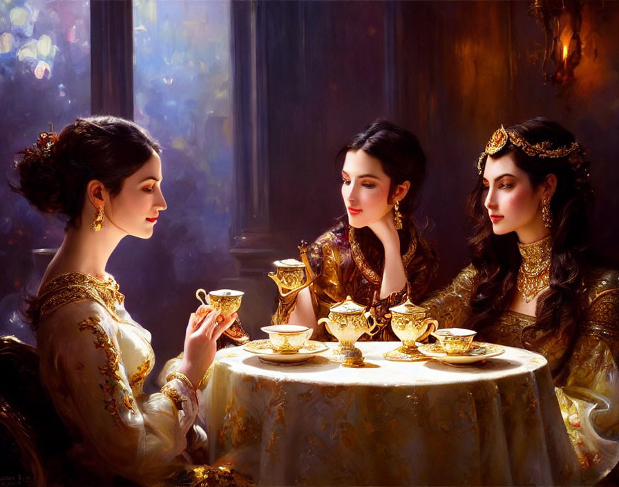 Luxuriously dressed women in ornate room with gold tableware conversing under soft light