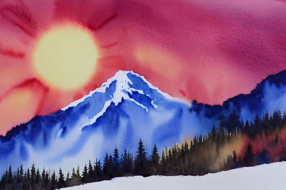 Vibrant sunrise watercolor: snow-capped mountain & evergreen forest.