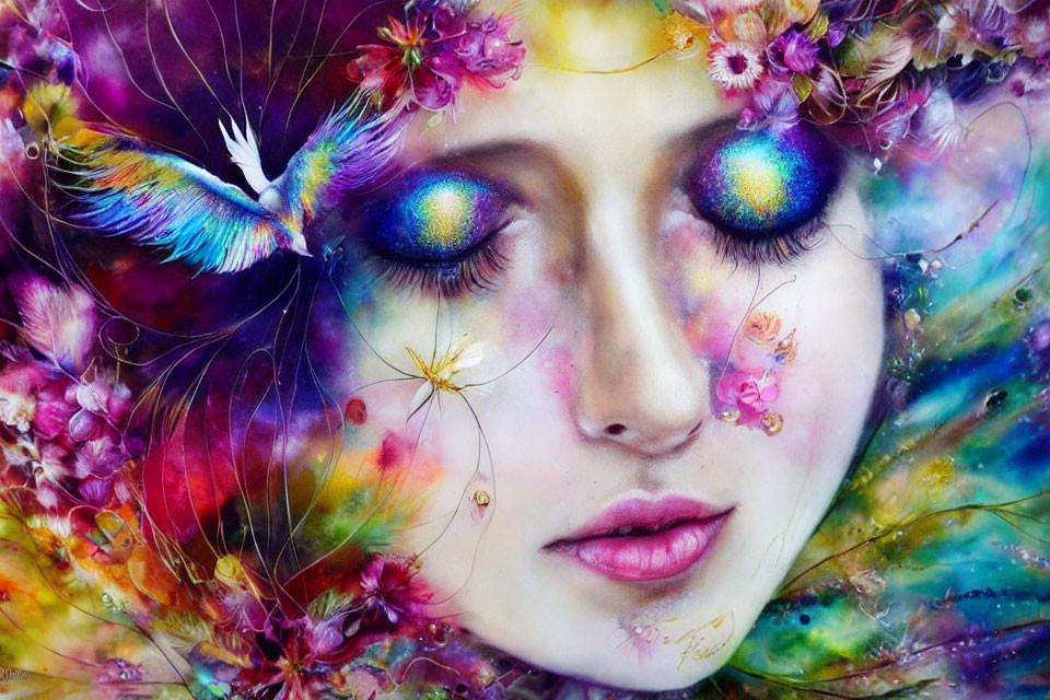 Colorful artwork of woman's face with flowers, hummingbird, and dreamy expression