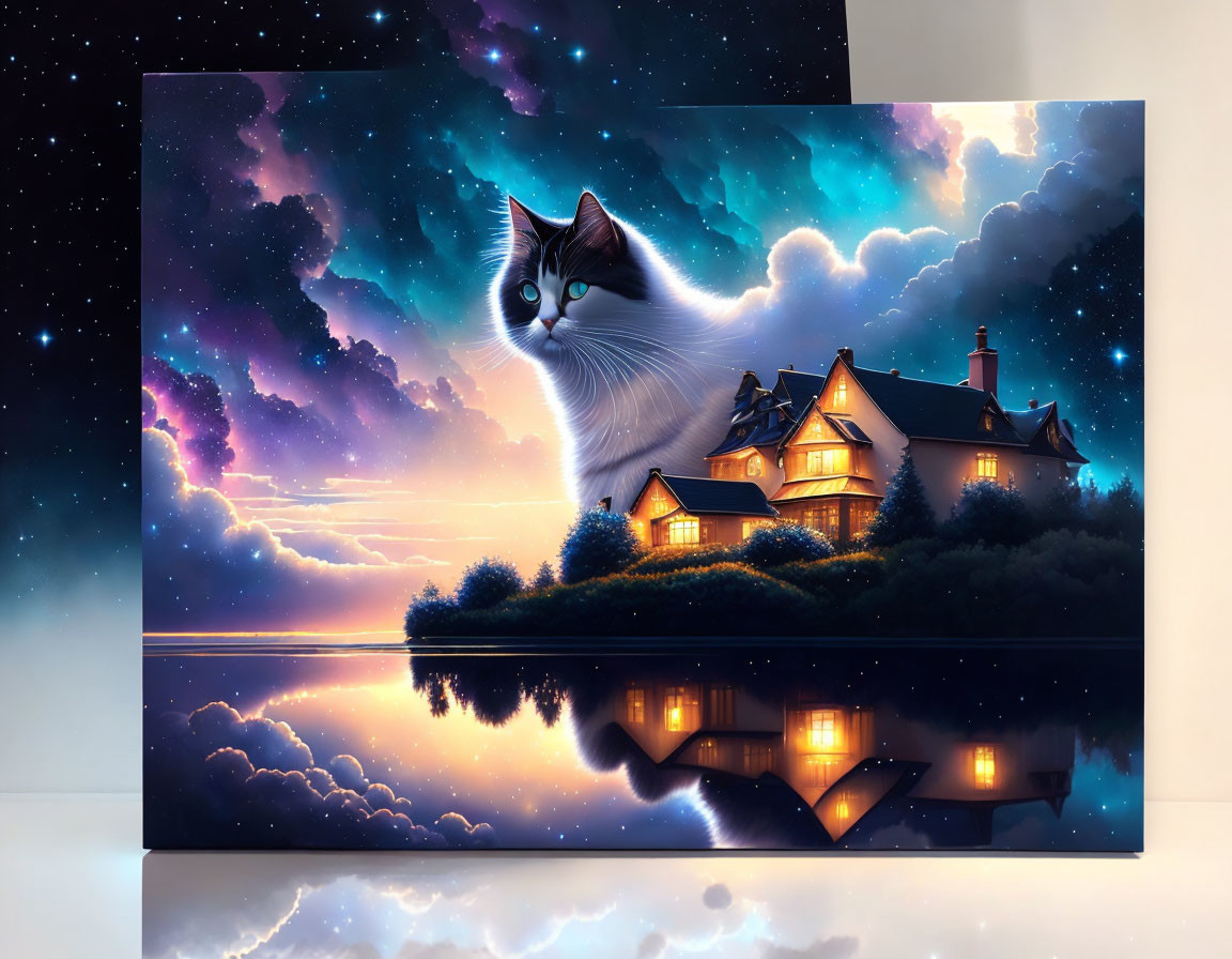 Majestic cat in lakeside sunset scene with cozy house and starry sky