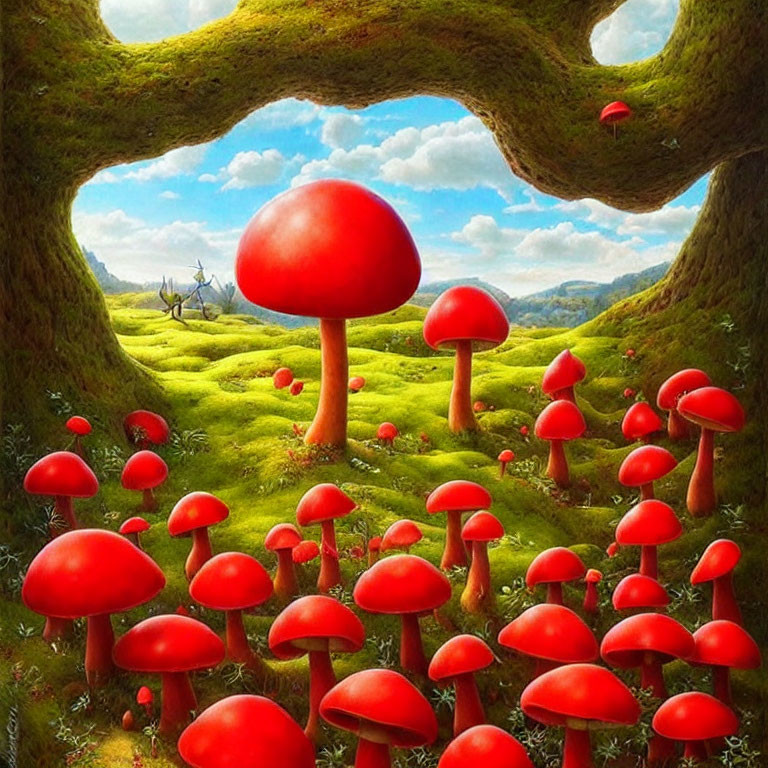 Surreal landscape with oversized red mushrooms on green hills