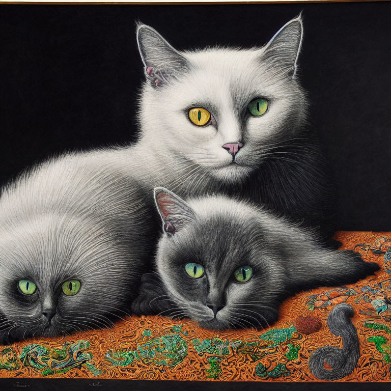 Three Cats with Vivid Green Eyes on White and Grey Backgrounds with Orange Textile