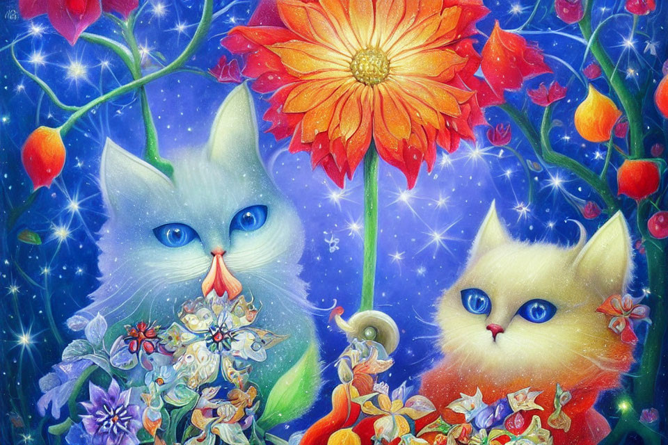 Illustration of two stylized cats in a dreamy floral setting