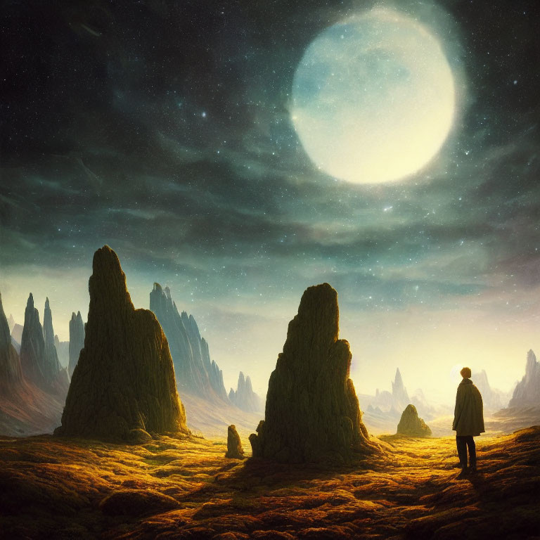 Person standing on mossy alien landscape at night with large moon and rock formations under starry sky.